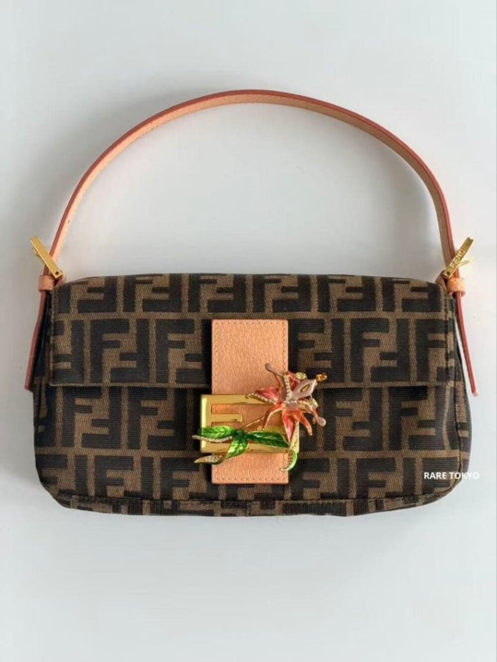 Fendi Baguette Zucca Pattern Flower Crystal Decorative Clasp Shoulder Bag